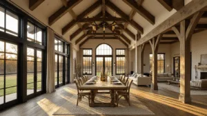 "Barn-style great room with cathedral ceilings, oak beams, and golden sunlight through large windows, showcasing a farmhouse dining table and distressed wood floors during golden hour."