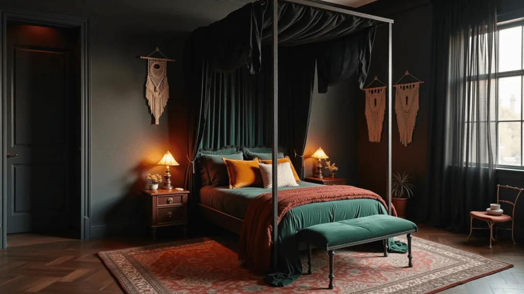 "Luxurious boho bedroom with matte black walls, iron canopy bed with sheer curtains, emerald velvet bedding, Persian rugs, and bohemian macramé and rattan accents in warm golden light."