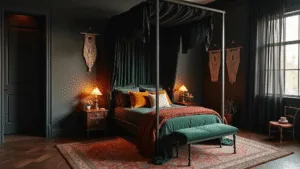 "Luxurious boho bedroom with matte black walls, iron canopy bed with sheer curtains, emerald velvet bedding, Persian rugs, and bohemian macramé and rattan accents in warm golden light."