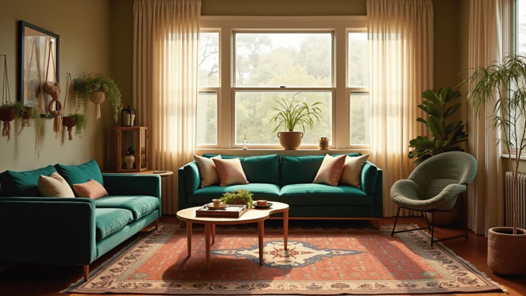 "Bohemian living room at golden hour with emerald sofa, peacock chair, Persian rugs, macramé plant hangers, and warm lantern lighting."