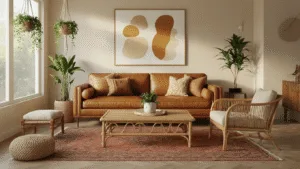 "Boho midcentury living room with cognac leather sofa, rattan coffee table, Persian rug, macramé hanging plants, abstract art and warm golden light"