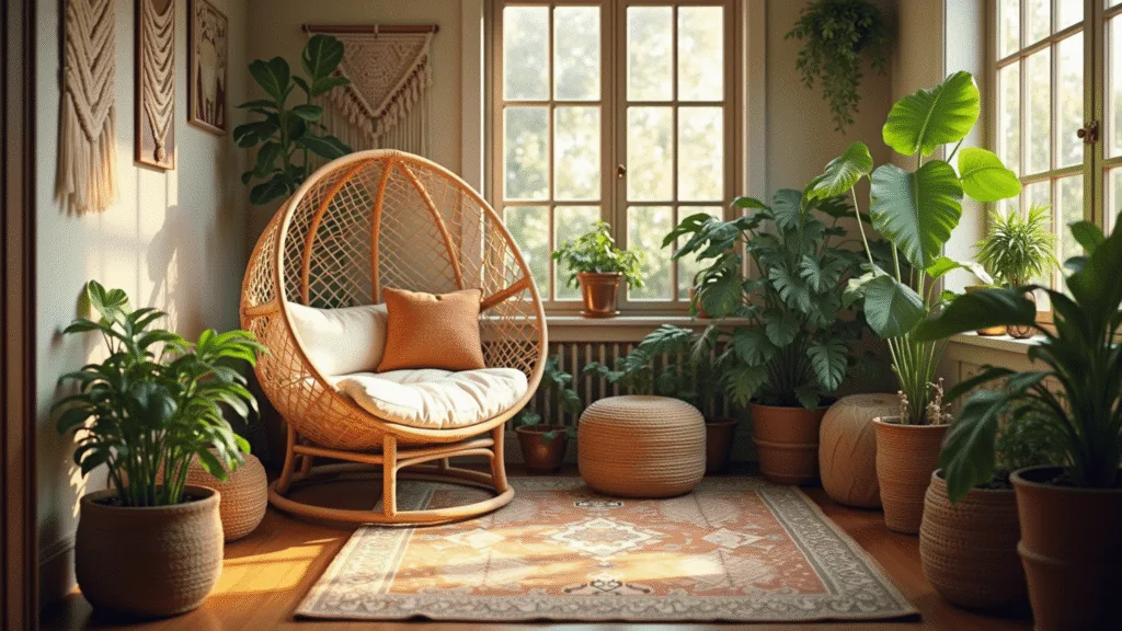 "Boho sunroom with rattan egg chair, macramé decor, lush indoor plants, and golden hour lighting."