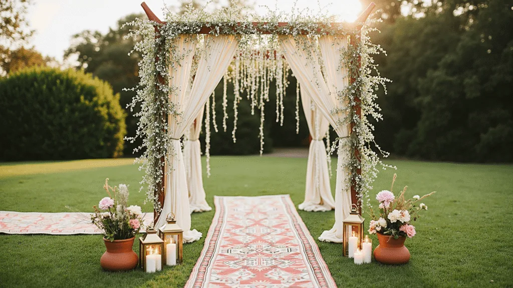 "Boho wedding scene with macramé arch, wildflowers, vintage rugs, and brass lanterns in golden hour lighting"