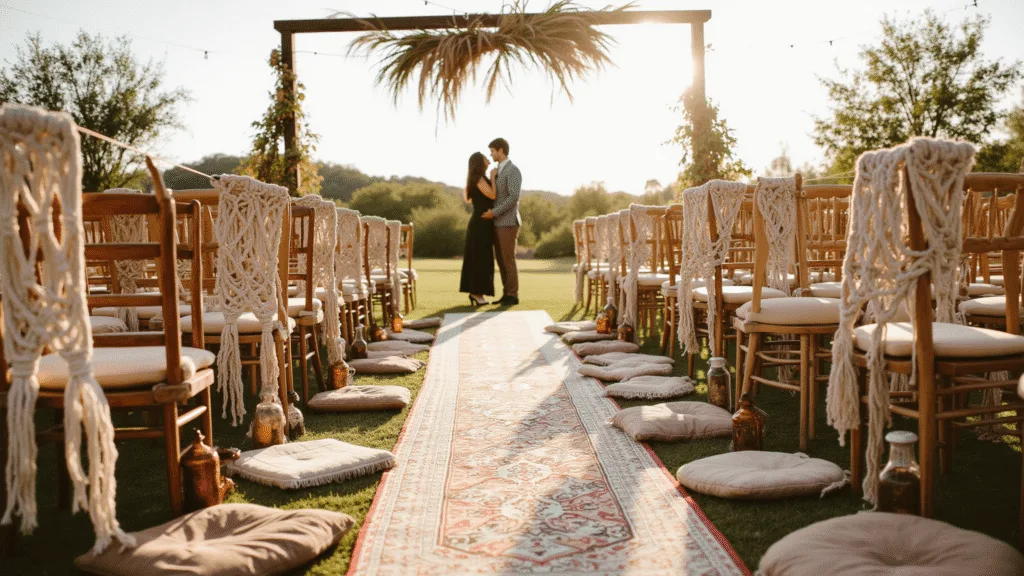 "Boho wedding ceremony space with vintage Persian rugs, macramé-covered chairs, pampas grass installations, and warm golden light."