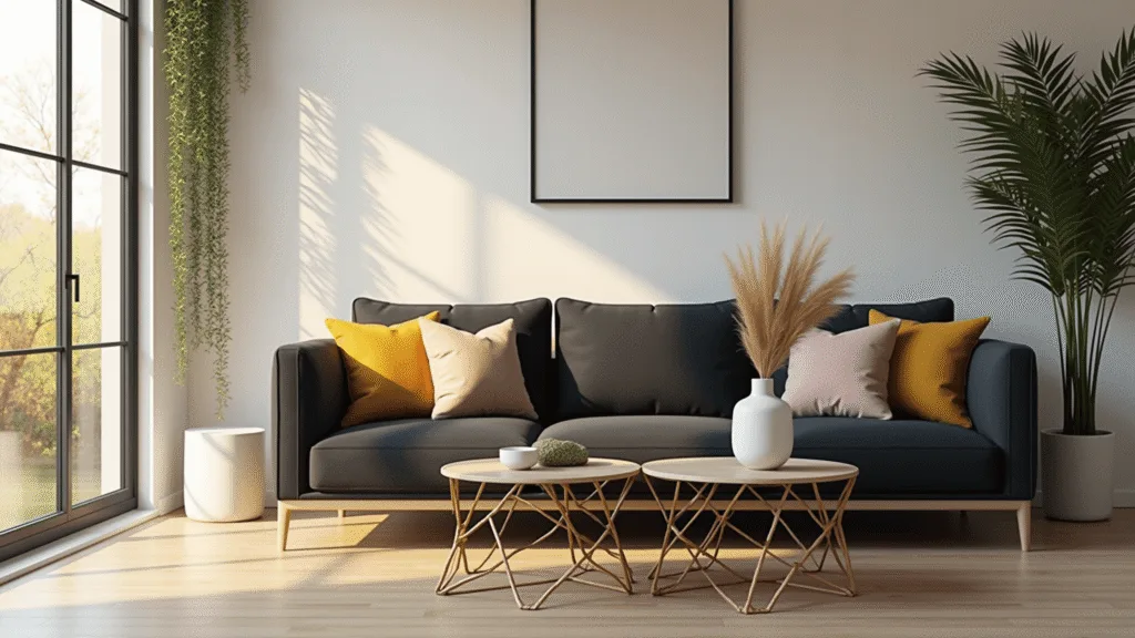 "Modern living room with charcoal sofa, brass coffee table, and minimalist décor, bathed in warm sunlight through floor-to-ceiling windows"