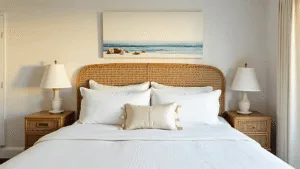 "Coastal bedroom interior featuring a rattan headboard, white linen bedding, seascape art, seashells and driftwood on a white sandy background bathed in golden hour light"