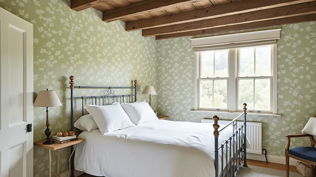 "Cottage bedroom with sage green botanical wallpaper, vintage brass lamps, whitewashed iron bed, and exposed wooden beams illuminated by natural sunlight giving a soft morning glow."