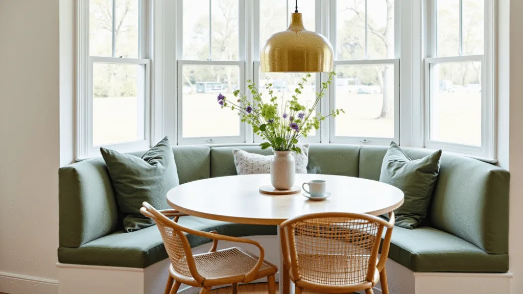 "Sunny breakfast nook with white oak table, sage green banquette, rattan chairs, brass pendant light, and wood flooring"