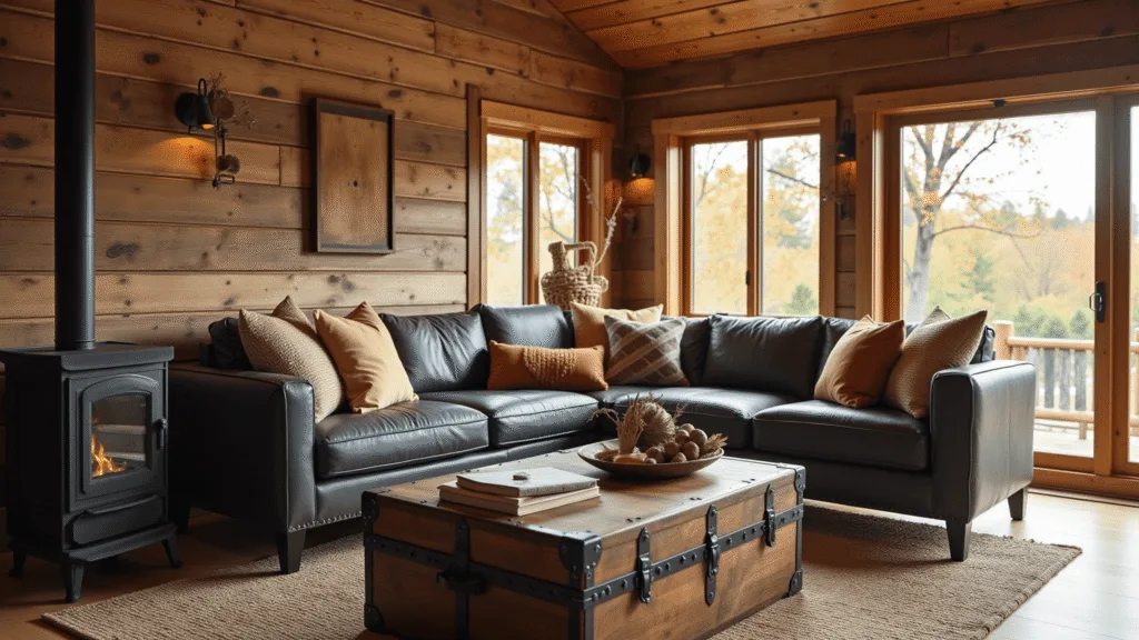 "Cozy and rustic cabin interior with leather sofa, vintage trunk, warm lighting and modern accents"