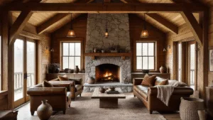 "Cozy cabin interior with exposed wooden beams, stone fireplace, sleeping loft and minimalist rustic decor bathed in natural and ambient lighting."