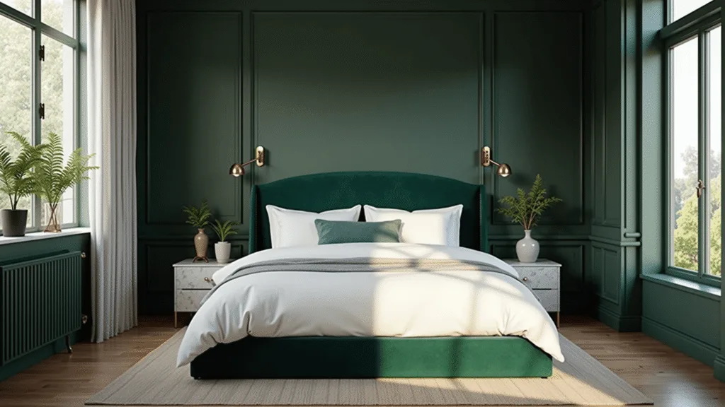 "Luxurious bedroom with dark green walls, velvet headboard, brass fixtures, and natural light through windows"