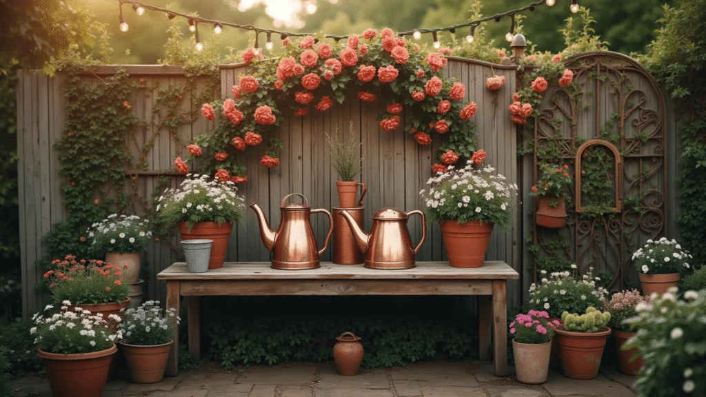"Vintage garden scene with weathered potting bench, antique watering cans, roses on an iron gate, terracotta pots with English flowers at golden hour with string lights"