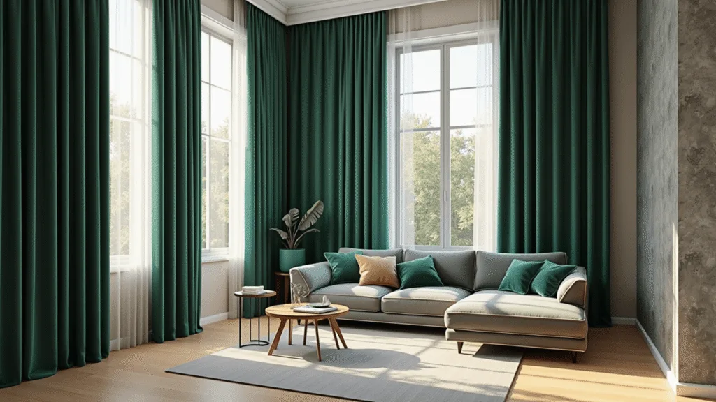 "Elegant living room with emerald velvet curtains, floor-to-ceiling windows, grey sectional sofa, white oak floors, and warm afternoon sunlight"
