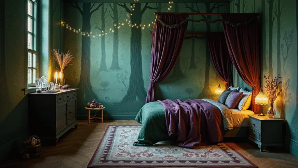 "Twilight-hued bedroom with emerald green forest mural walls, a velvet-draped canopy bed, vintage brass lamps and crystal decorations creating an enchanting ambiance."