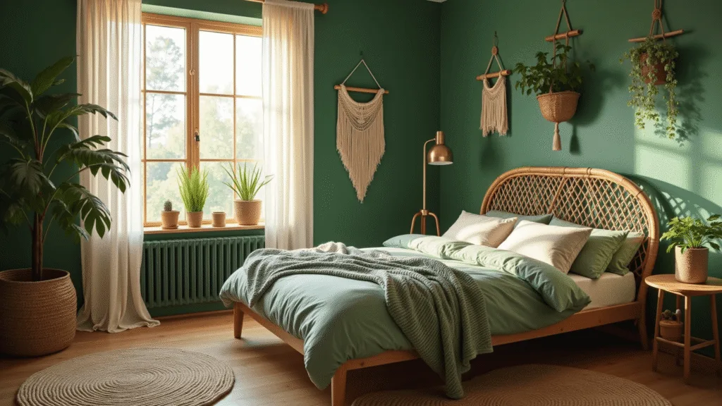 "Boho style bedroom with green walls, rattan bed, sage bedding, pothos plants, macrame hangings, and natural sunlight"