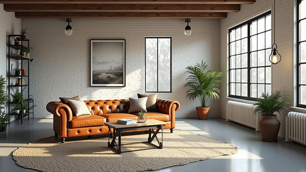 "Sunlit industrial farmhouse living room with exposed beams, leather sofa, concrete floors, and vintage industrial lighting fixtures."