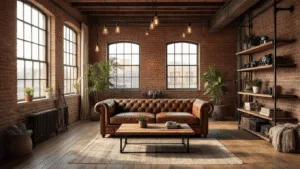 "Industrial farmhouse living room with exposed brick walls, leather sofa, reclaimed wood coffee table and vintage decor during golden hour"