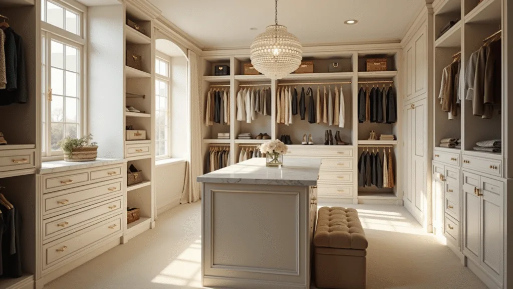 "Luxury walk-in closet with ivory cabinets, Carrara marble island, crystal chandelier, designer displays, and golden hour sunlight"