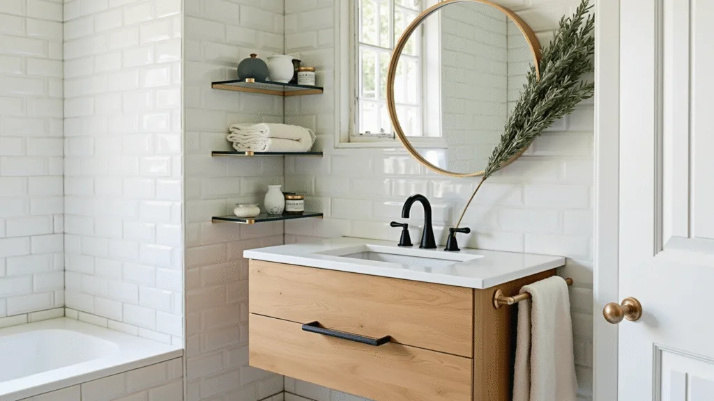 "Luxurious spa bathroom with white subway tiles, brass fixtures, eucalyptus bundle and Turkish towels illuminated by morning light"