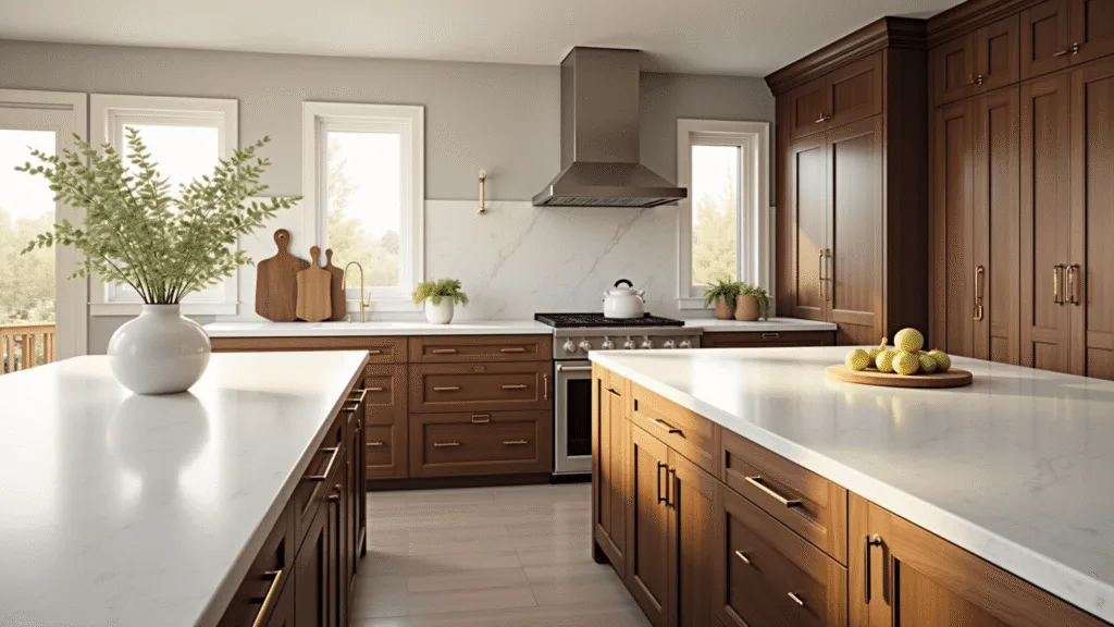 "Luxury kitchen with walnut cabinets, white quartz countertops, and brass hardware in morning sunlight"