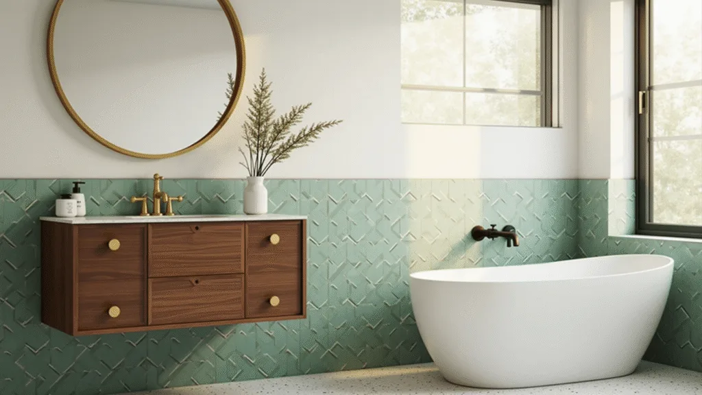 "Mid-century modern bathroom with walnut vanity, brass mirror, sage tiles, free-standing tub, terrazzo flooring, and matte black fixtures"