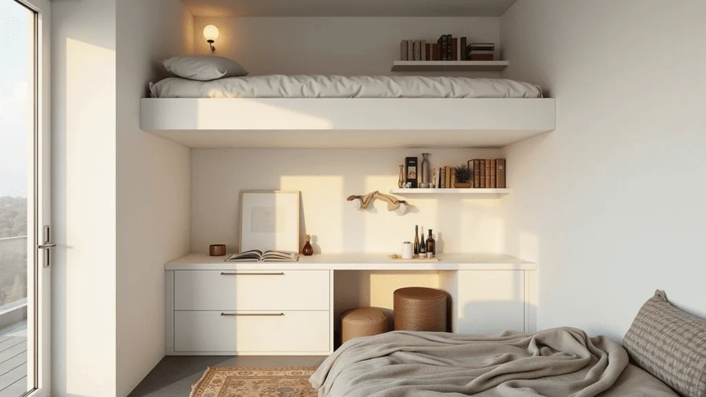 "Minimalist tiny bedroom with white loft bed, golden hour light through large windows, floating shelves, workspace and cozy textiles"