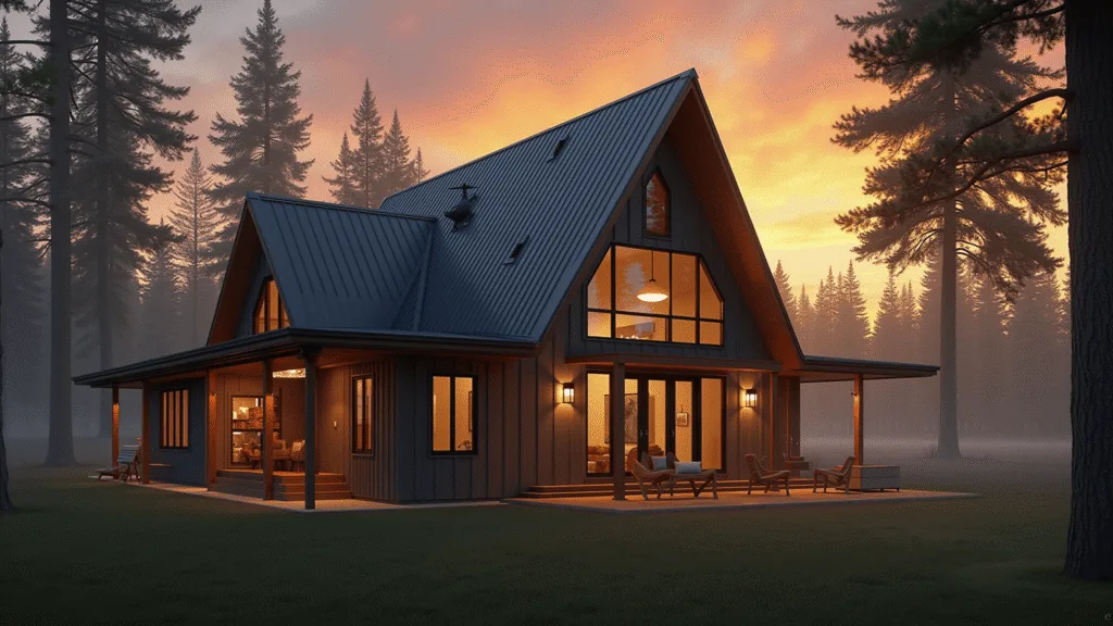 "Modern A-frame cabin with charcoal metal siding and cedar accents among pine trees during a sunset, with floor-to-ceiling windows reflecting the orange sky."