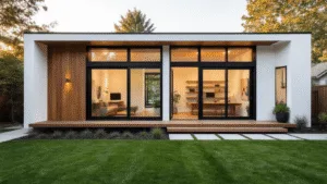 "Modern backyard studio with floor-to-ceiling windows, white exterior, black trim, cedar accents, and soft golden hour natural light"