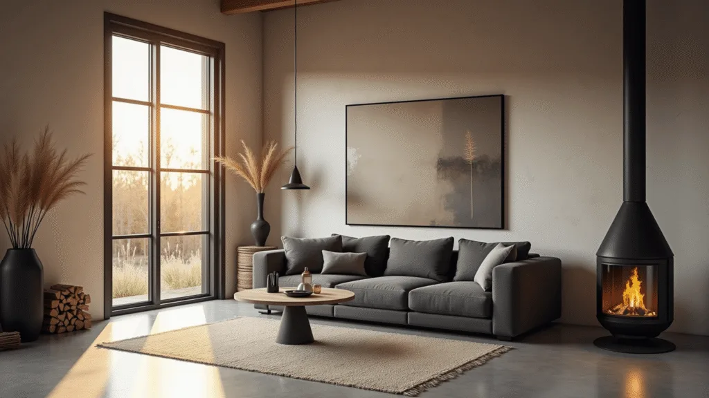 "Modern cabin living room with a charcoal sofa, black steel fireplace, concrete floors, and a mix of minimalist decor during golden hour"