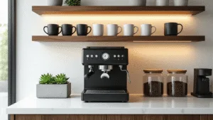 "Modern minimalist coffee bar with black espresso machine, ceramic mugs on walnut shelves, and canisters filled with coffee beans under warm LED lighting"
