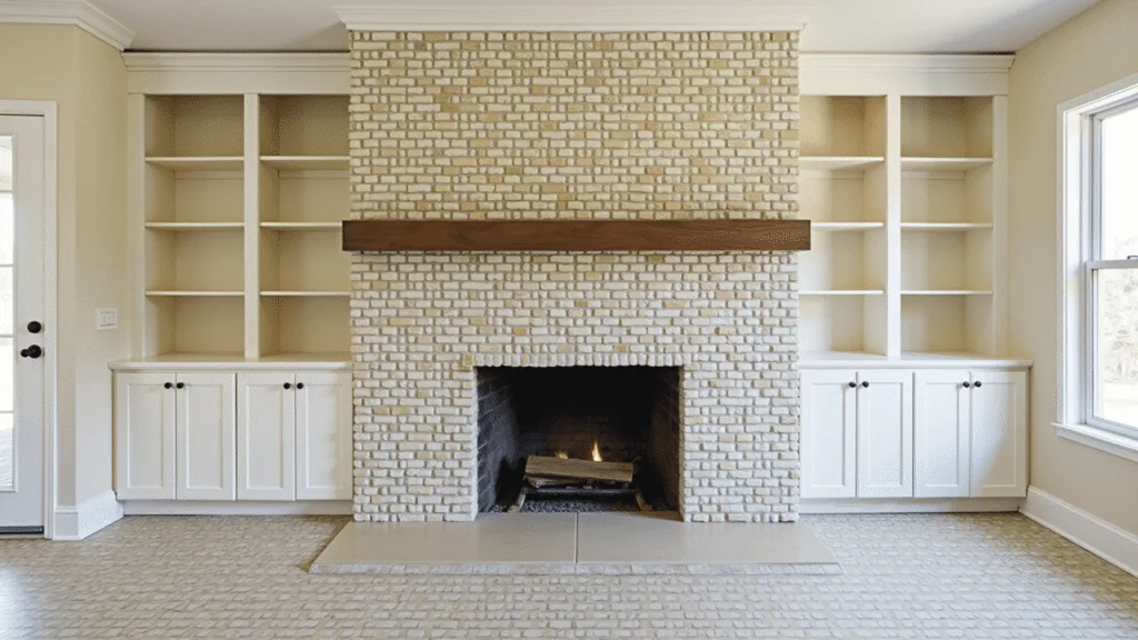 "Modern farmhouse living room featuring a corner fireplace with stacked stone, white oak mantel, built-in shelving, cream sectional, and geometric tiles, bathed in a warm sunlit atmosphere."