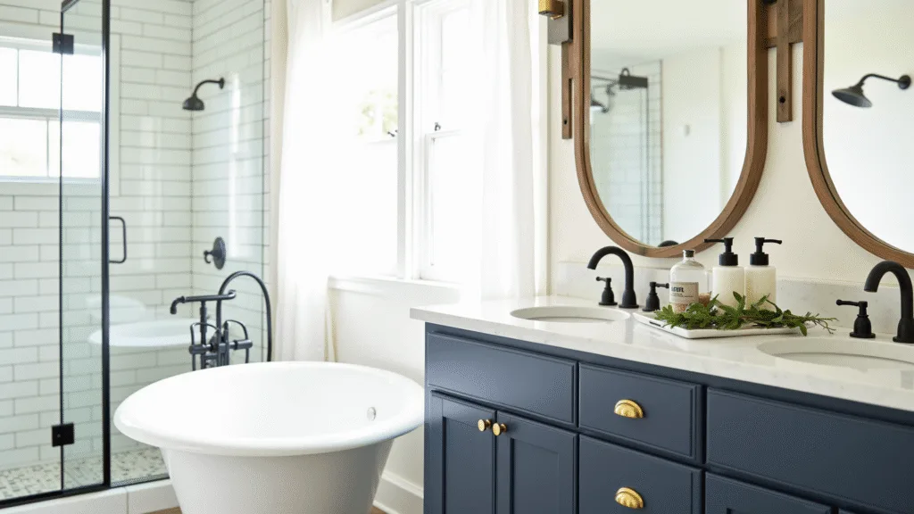 "Modern farmhouse bathroom with white subway tiles, navy vanity, brass fixtures, quartz countertop, and natural light streaming in"