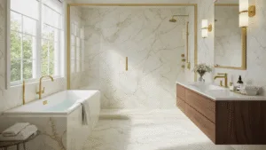 "Modern small bathroom with cream and white marble tiles, a glass shower enclosure, walnut vanity, and brass fixtures in a luxurious setting"