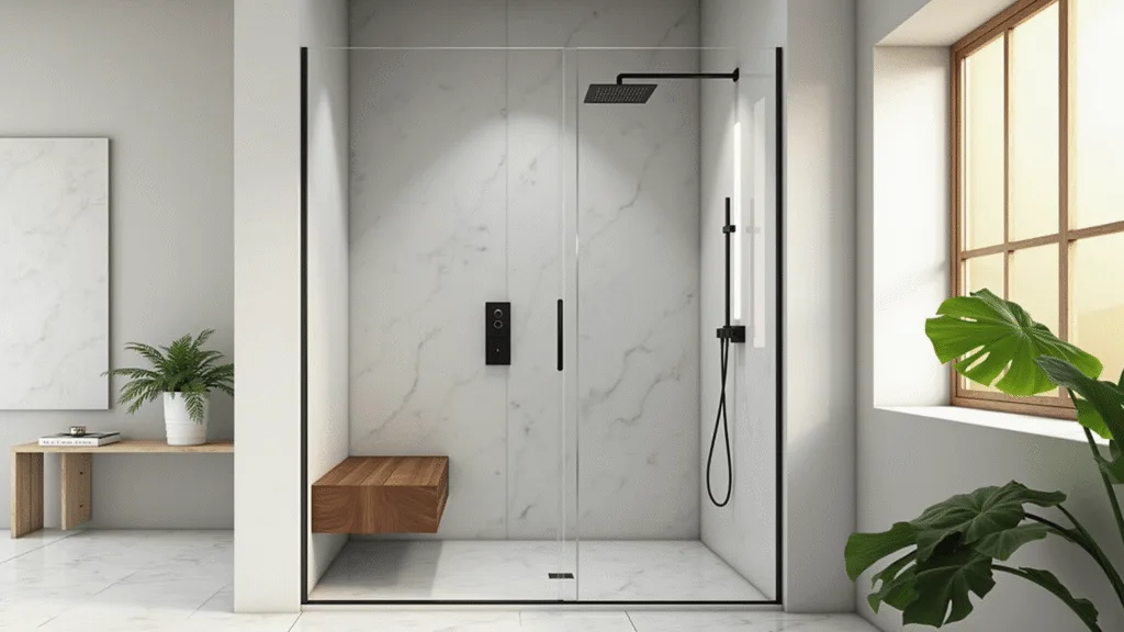 "Modern luxurious bathroom with white marble tiles, frameless glass shower, chrome rainfall showerhead, teak bench, black fixtures, natural lighting, and a monstera plant"