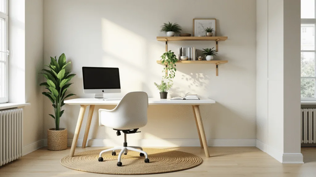 "Modern minimalist home office with white desk, floating shelves, ergonomic chair and sunlit living area"