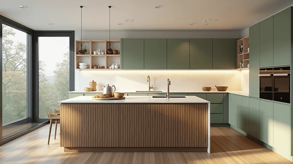 "Mid-century modern kitchen with sage cabinets, walnut island, and white quartz countertops in morning sunlight"