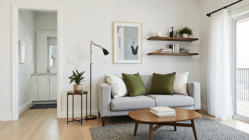 "Small modern Scandinavian living room featuring gray loveseat, floating walnut shelves, brass coffee table, sage pillows, with morning light creating a clean, minimal and bright interior"