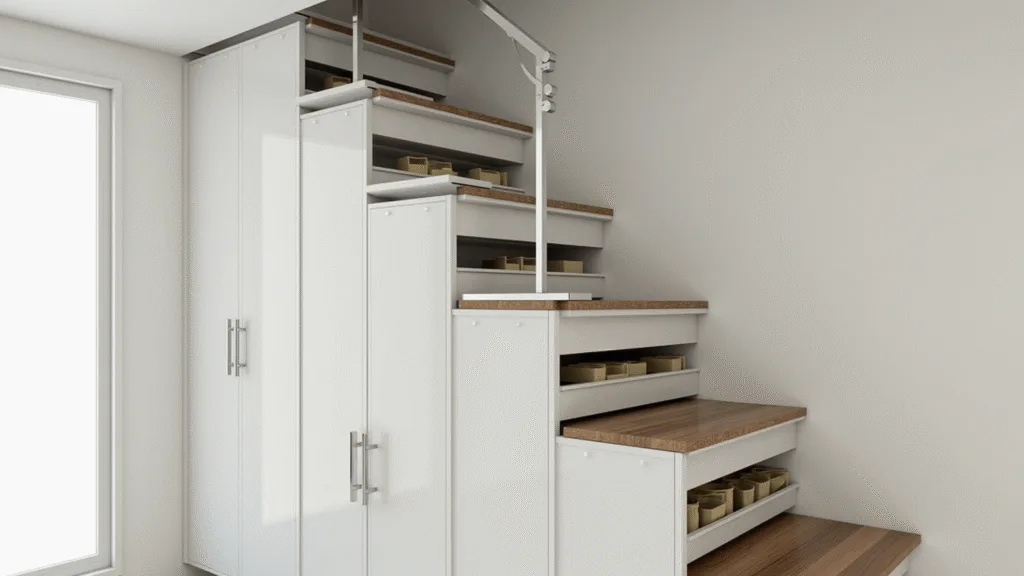 "Modern white staircase with built-in storage drawers, LED lighting, and natural wood accents"