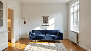 "Modern sunlit living room with a navy velvet sofa on herringbone floors, anchored by a cream Moroccan rug and brass floor lamp."
