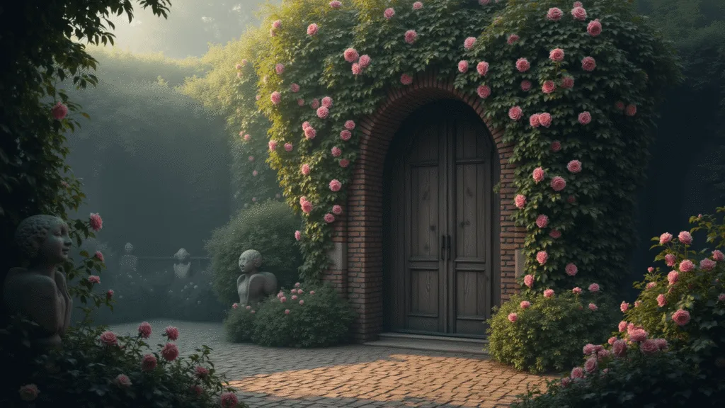 "Misty dawn at a mystical Victorian garden with ivy-covered walls, climbing roses, stone sculptures, and dewy cobblestones"