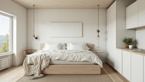 "Nordic cabin interior bathed in golden hour light, featuring minimalist decor, natural wood, and soft white linen textures"