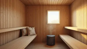 "Nordic style sauna with minimalist cedar benches and golden light streaming through a window"