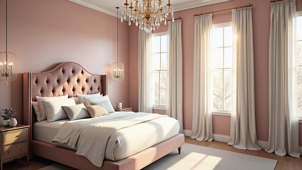 "Luxurious bedroom with blush pink walls, velvet headboard, crystal chandelier and brass accents in warm natural lighting"