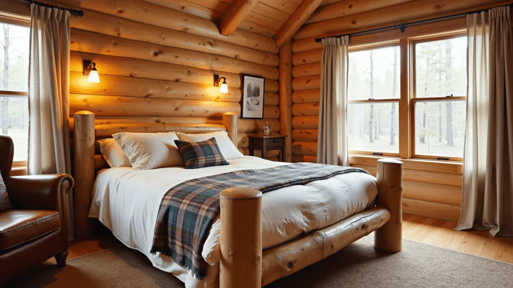 "Cozy rustic cabin bedroom with log bed, cream linens, plaid throws, wooden walls, warm light from copper sconces, leather armchair, and golden hour sunlight streaming through curtains"