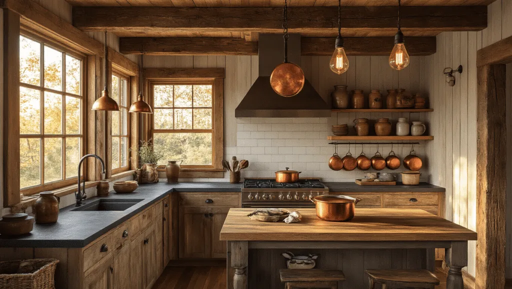 "Rustic cabin kitchen with warm wooden beams, copper pots, and natural sunlight illuminating the scene"