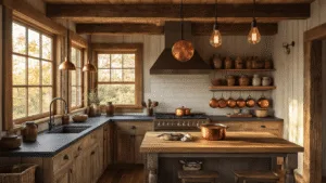 "Rustic cabin kitchen with warm wooden beams, copper pots, and natural sunlight illuminating the scene"