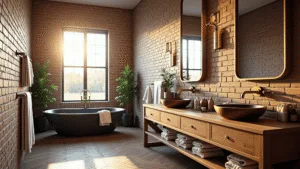 "Sunlit rustic luxe bathroom with exposed brick wall, black tub, wooden vanity with copper sinks, gold-framed mirrors, and oak herringbone flooring"