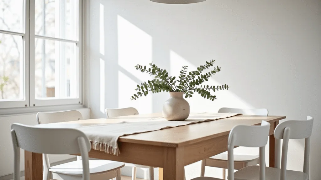 "Scandinavian dining room with light oak table, white chairs, eucalyptus in vase, large windows and pendant light"
