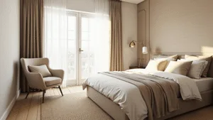 "Sunlit serene beige bedroom with king-size bed, ivory linens, grasscloth walls, cozy bouclé chair, brass lamp, jute rug, and light oak flooring."