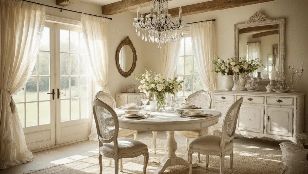 "Sunlit shabby chic dining room with vintage French provincial furniture, a crystal chandelier, and lace curtains in soft cream tones"